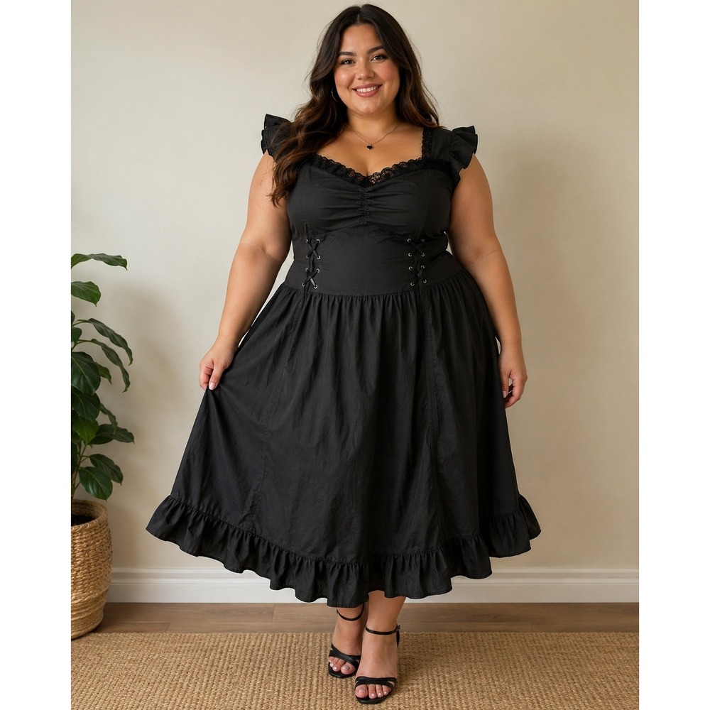 Belle Poque Black Lace Trim Midi Dress Plus Size 2XL Lace Up Back Cottagecore